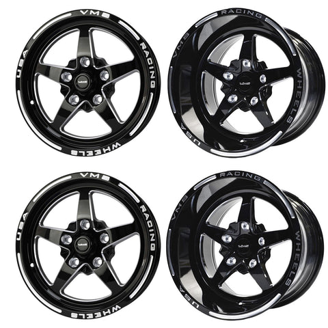 VMS Racing Drag Pack Black Milled 5 Lug V Star 5 Spoke Wheel Rim 15X10 & 15x3.5 5X120.7 (5X4.75") -25 ET (4.5" BS)