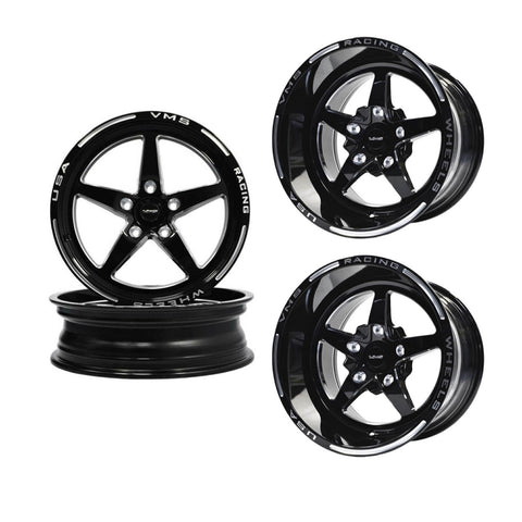 VMS Racing Drag Pack Black Milled 5 Lug V Star 5 Spoke Wheel Rim 15X10 & 17x4.5 5X120.7 (5X4.75") -25 ET (4.5" BS)